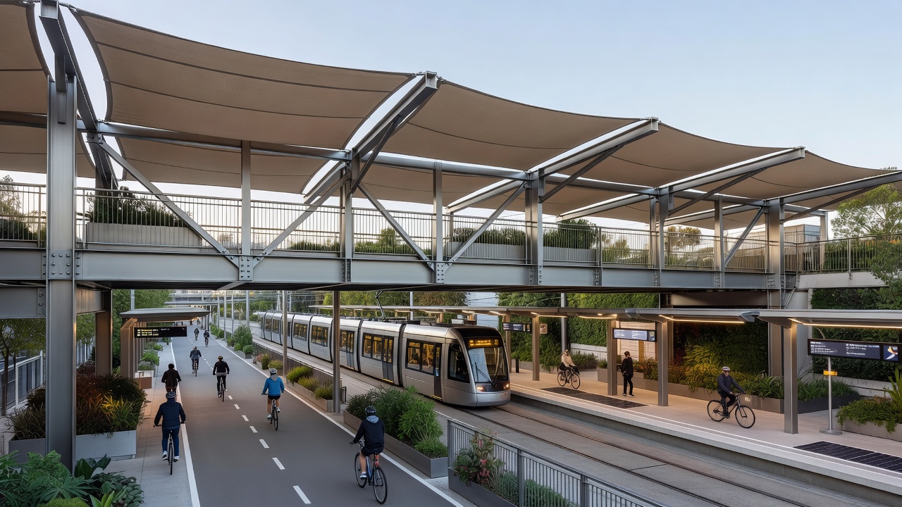 Steel framing with canvas panels on an eco-friendly rail carriage